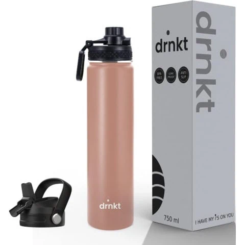 Drnkt - Vacuum Stainless Steel Insulated Water Bottle, Durable Vacuum Flask for Gym Use, Dual Lid, Anti-Slip Sweat Proof Surface for Hot and Cold Beverages (Nude Pink)