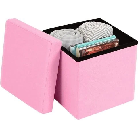 Storage Ottoman Cube Folding Ottomans with Storage Foot Rest Stool Seat Foldable Storage Ottoman Square Toy Chest Padded 30 X 30 X 30cm Pink, SSZ167-PK