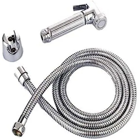 Hand Held Toilet Bidet Spray with Holder and Stainless Steel Hose, 120cm, Metallic Silver, D170609