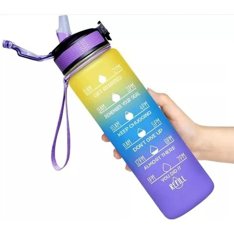 Water Bottle Large Motivational Water Bottle Plastic Water Bottle Sports Gym Water Bottle Kids Water Bottle Office Water Bottle With Time Markers, 1L Tritan Leak Proof (Yellow Blue Purple)