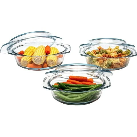 Simax 6 piece round glass casserole set | with lids - borosilicate glass - made in europe - set of 3 clear glass baking dishes - 0.75 qt, 1 qt, and 1.5 qt