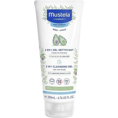 Mustela Baby 2-in-1 Cleansing Gel - Baby Body & Hair Cleanser - with Natural Avocado - Biodegradable Formula & Tear-Free - 200ml