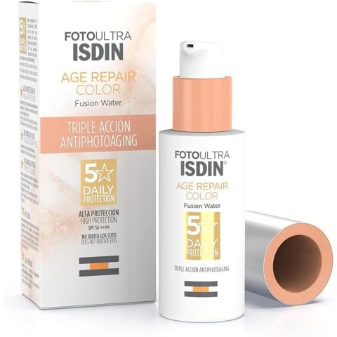 Isdin Fotoultra Age Repair Color Fusion Water Spf 50 - Tinted Facial Sunscreen | Triple Anti-Aging Action | Natural Coverage, 50 Ml