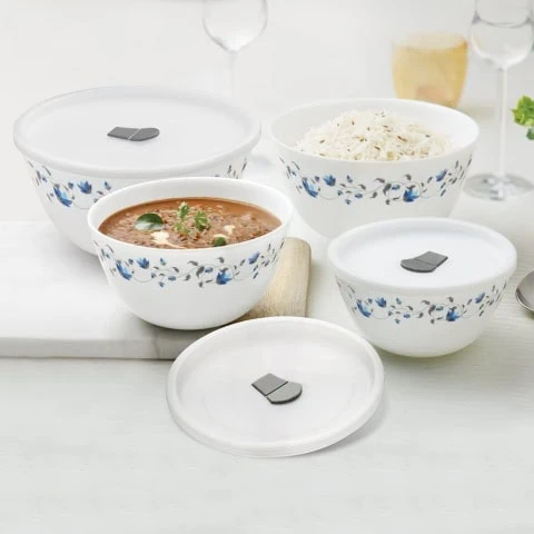 Larah by BOROSIL Helena Set of 4 Mixing & Serving Bowls with Lids, Microwave Safe (500 ml, 750 ml, 1 L & 1.5 L), Blue, Toughened Opal Glass, for Serving, Re-Heating & Mixing