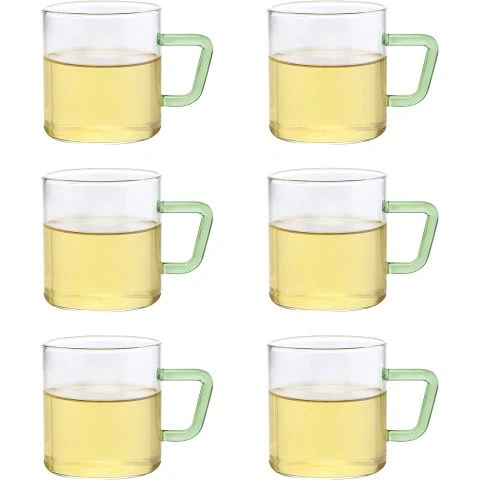 Borosil Colour Glass Mug Set - 190 ml With Green Handle Set Of 6