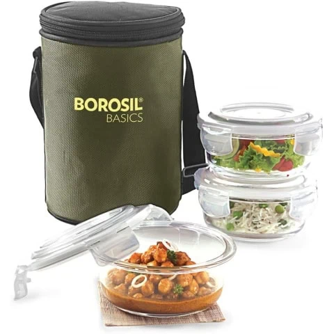 Borosil Basics Glass Lunch Box Set of 3, 400 ml, Round, Microwave Safe Office Tiffin
