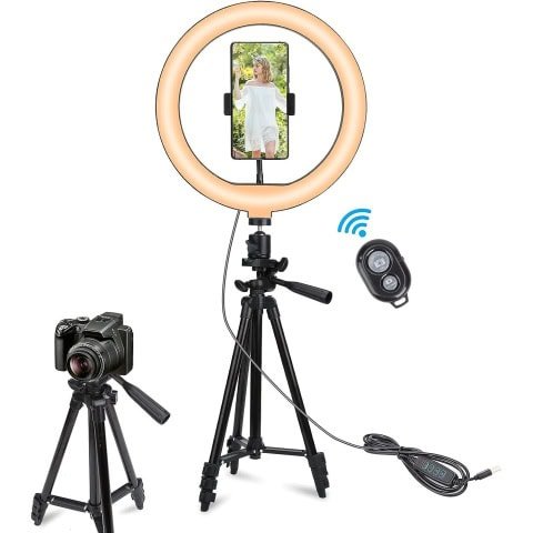 10" Selfie Ring Light with 50" Extendable Tripod Stand & Phone Holders, 3 Color Modes and 11 Brightness Ring Light for Makeup YouTube Video Live Streaming, Compatible with iPhone & Android